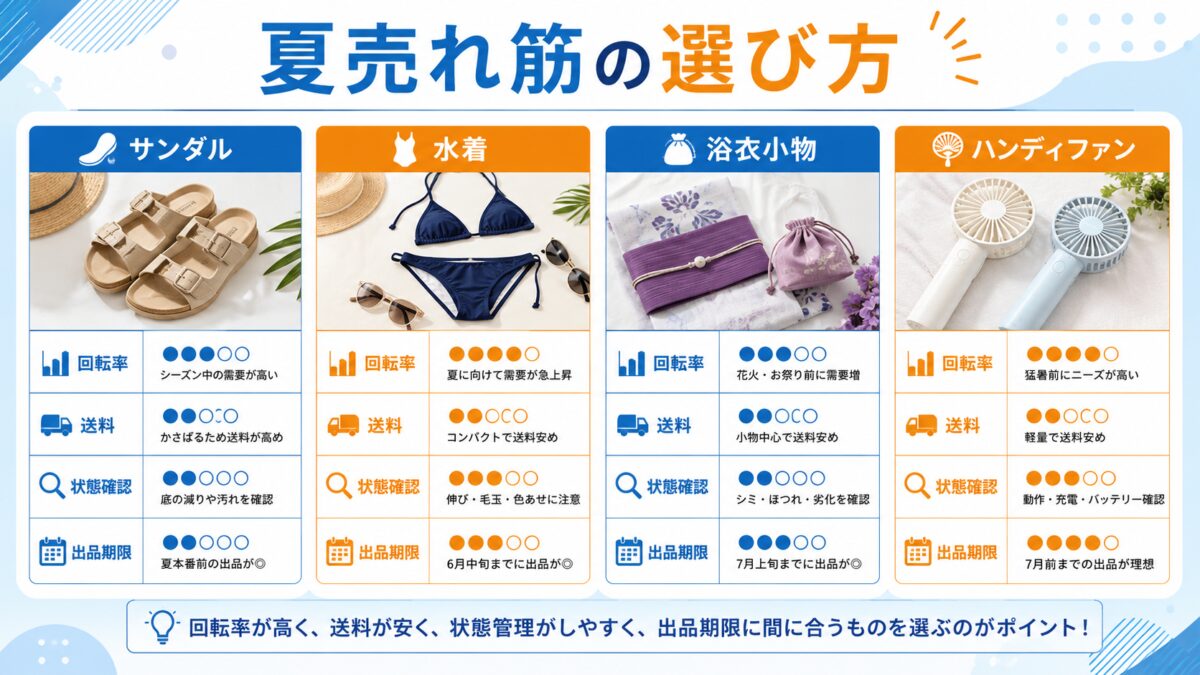 サンダル・水着・浴衣小物・ハンディファンは、回転率・送料・状態確認・出品期限で見ます。